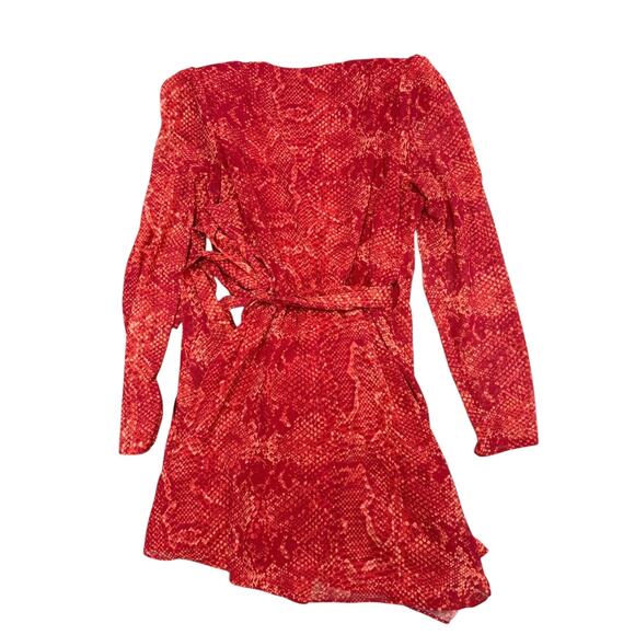 NBD Structured Shoulder Fauna Wrap Dress Red Orange Snake Chiffon size Small - Picture 5 of 8
